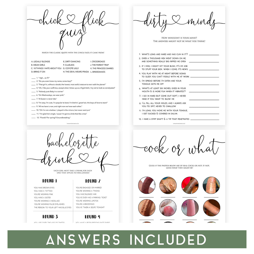 4 bachelorette games, naught bachelorette games, cock or what, drink if, dirty minds game, bachelorette games, bridal shower games