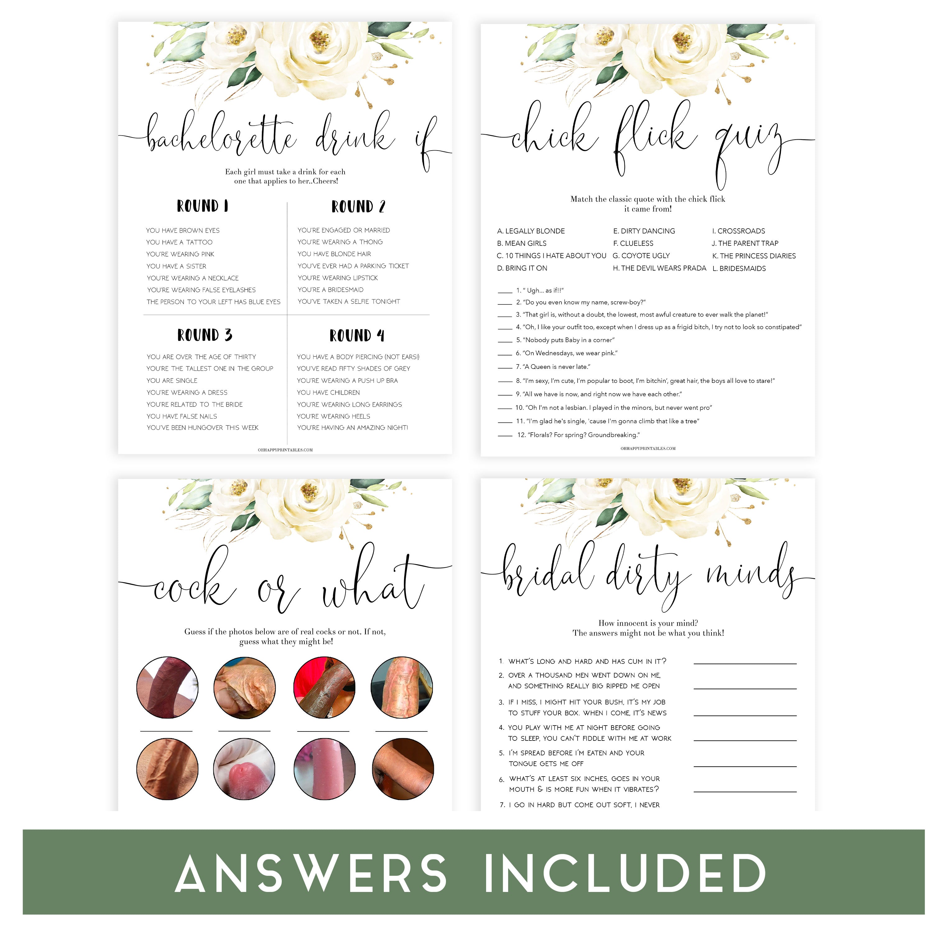 4 bachelorette games, naught bachelorette games, cock or what, drink if, dirty minds game, bachelorette games, bridal shower games, floral bridal games