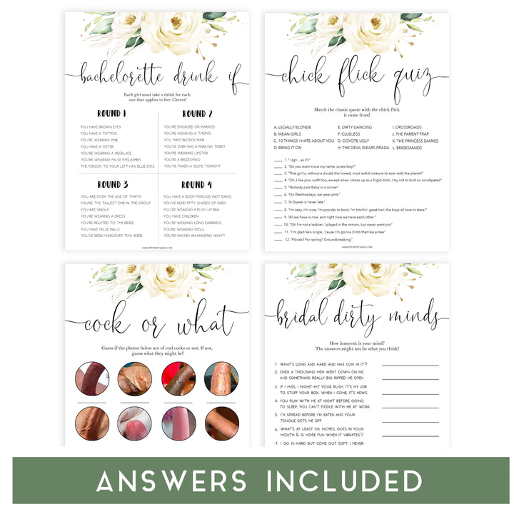 4 bachelorette games, naught bachelorette games, cock or what, drink if, dirty minds game, bachelorette games, bridal shower games, floral bridal games