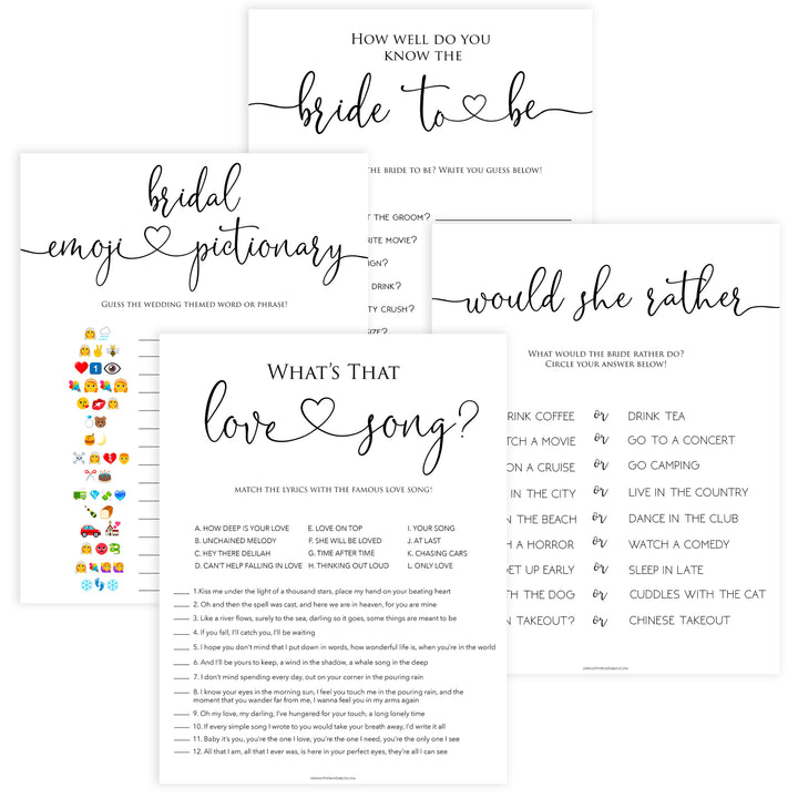 4 bridal shower games bundle, printable bridal shower games, bridal shower emoji, would she rather, fun bridal shower games