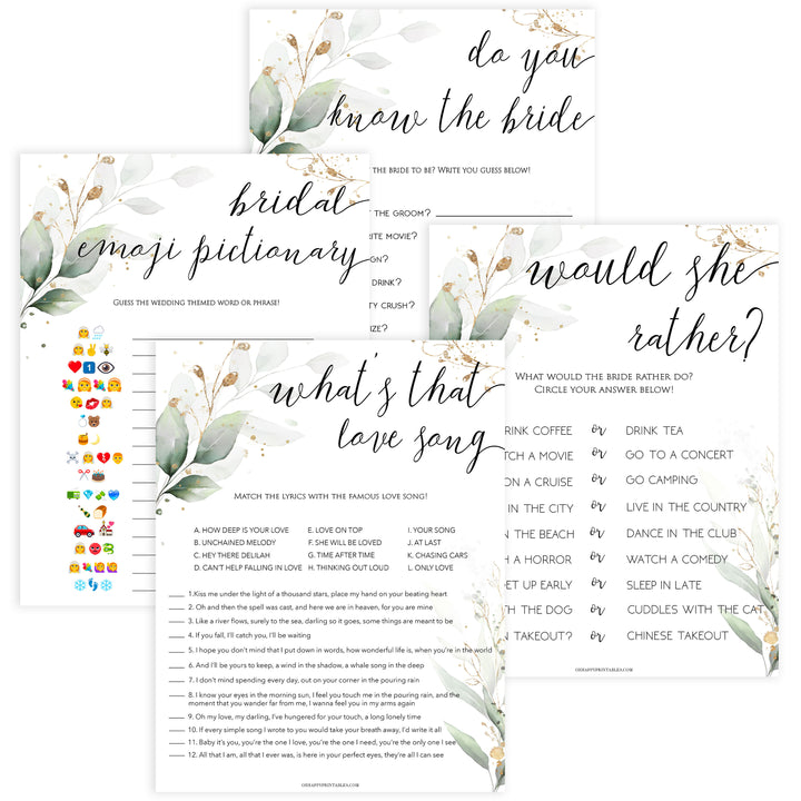4 bridal shower games bundle, printable bridal shower games, bridal shower emoji, would she rather, gold leaf bridal shower games, fun bridal shower games