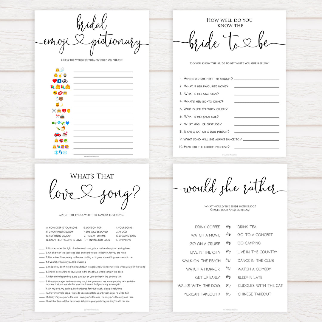 4 bridal shower games bundle, printable bridal shower games, bridal shower emoji, would she rather, fun bridal shower games