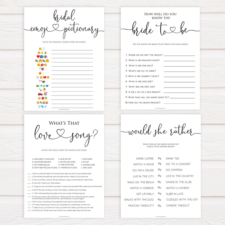 4 bridal shower games bundle, printable bridal shower games, bridal shower emoji, would she rather, fun bridal shower games