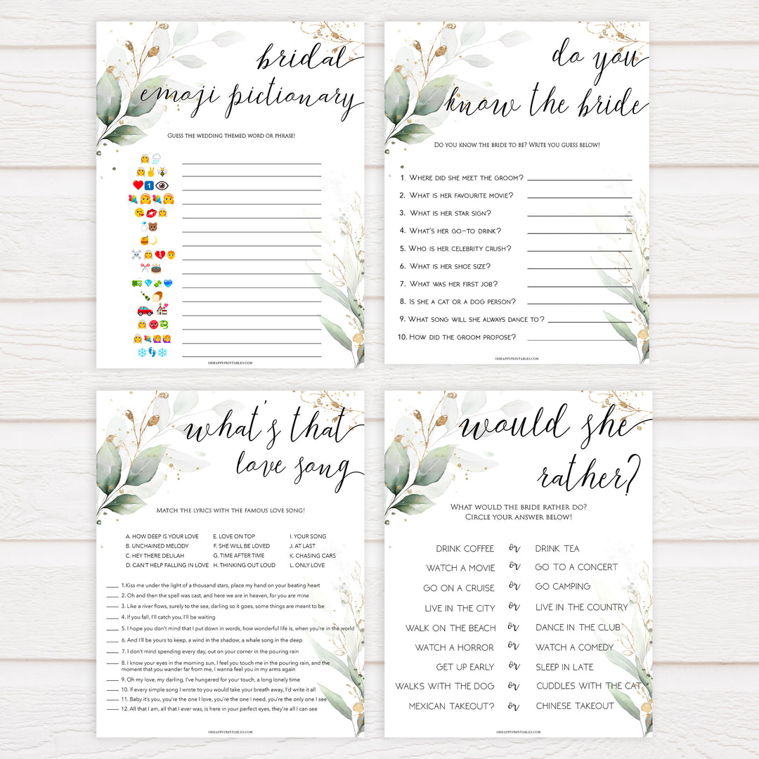 4 bridal shower games bundle, printable bridal shower games, bridal shower emoji, would she rather, gold leaf bridal shower games, fun bridal shower games