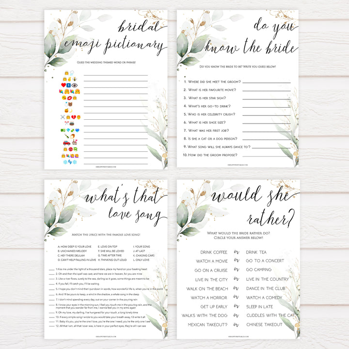 4 bridal shower games bundle, printable bridal shower games, bridal shower emoji, would she rather, gold leaf bridal shower games, fun bridal shower games