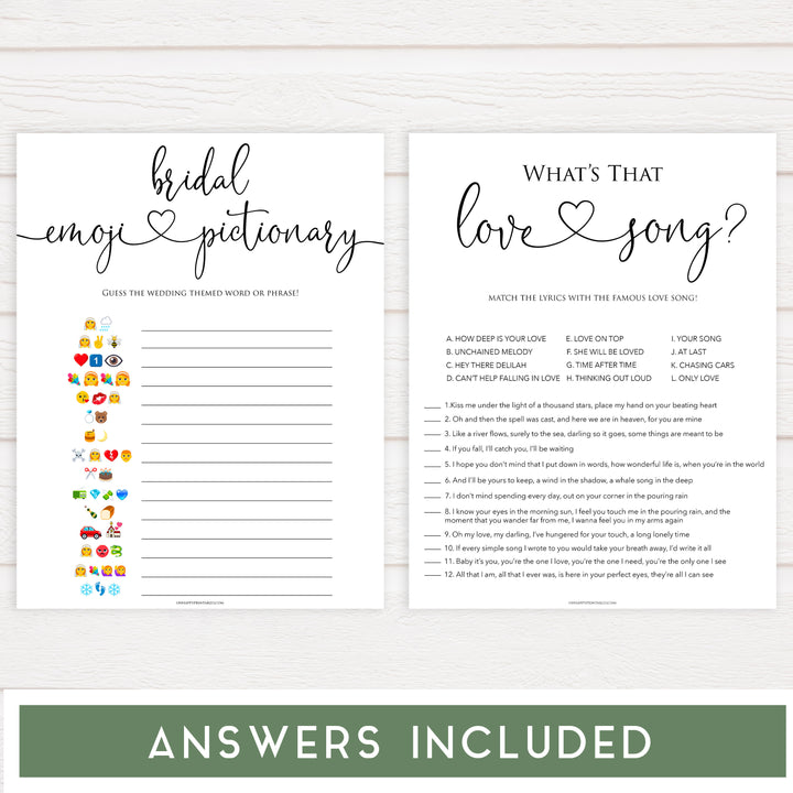 4 bridal shower games bundle, printable bridal shower games, bridal shower emoji, would she rather, fun bridal shower games