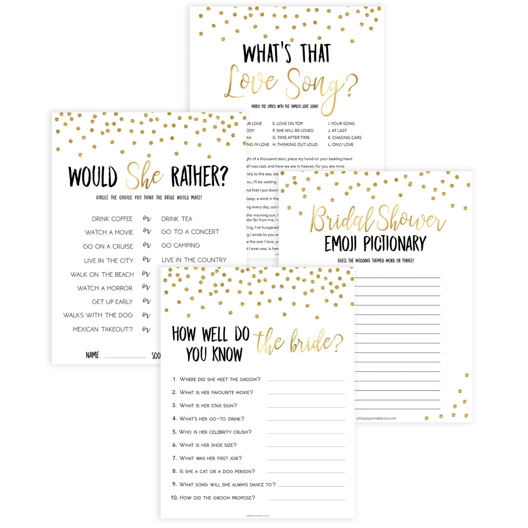 gold bridal shower games bundle, bridal games pack, printable bridal shower games, bridal shower ideas, bridal games, gold bridal shower