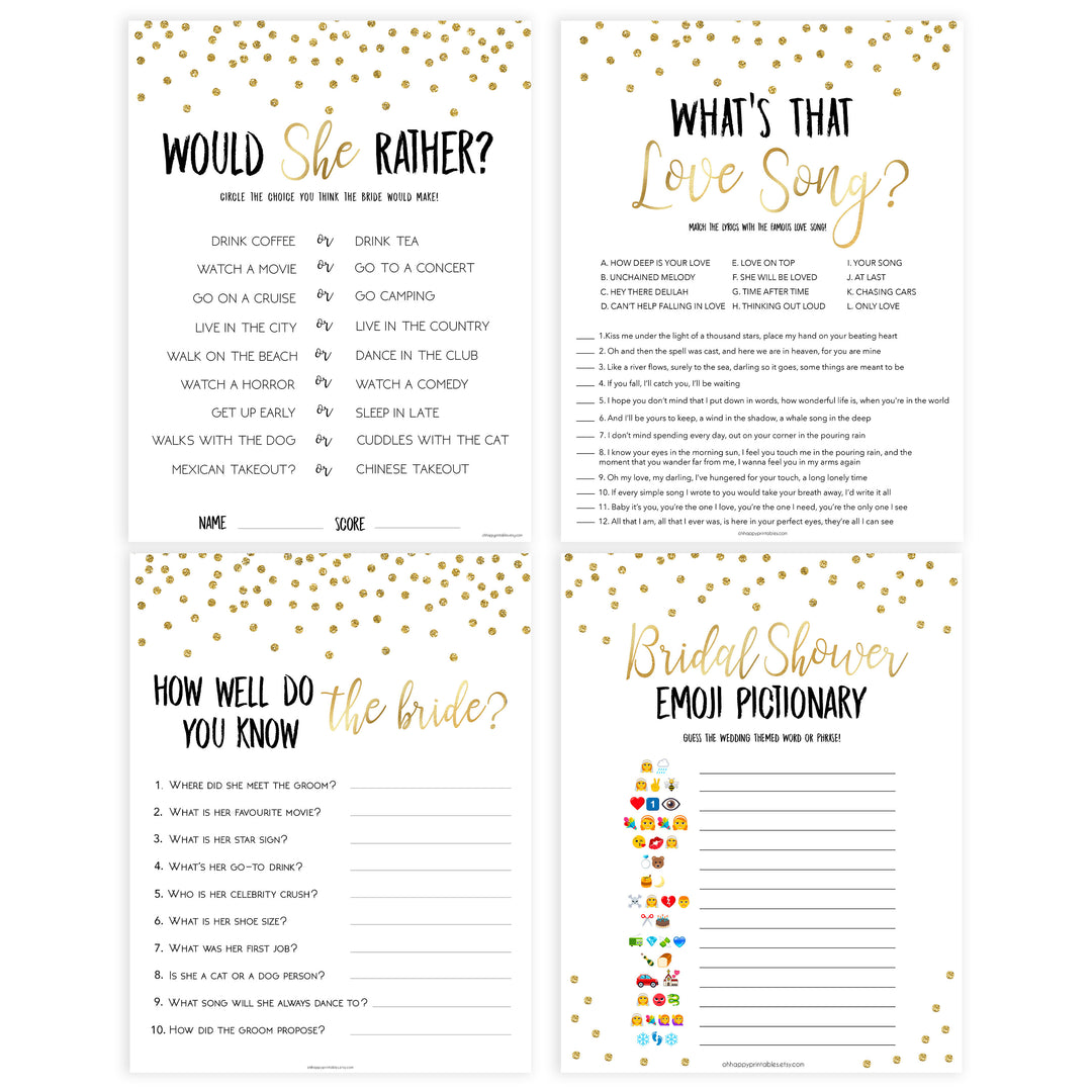 gold bridal shower games bundle, bridal games pack, printable bridal shower games, bridal shower ideas, bridal games, gold bridal shower