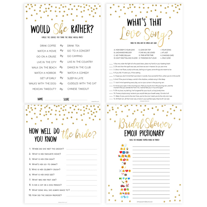 gold bridal shower games bundle, bridal games pack, printable bridal shower games, bridal shower ideas, bridal games, gold bridal shower