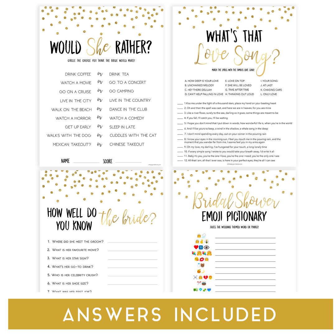 gold bridal shower games bundle, bridal games pack, printable bridal shower games, bridal shower ideas, bridal games, gold bridal shower