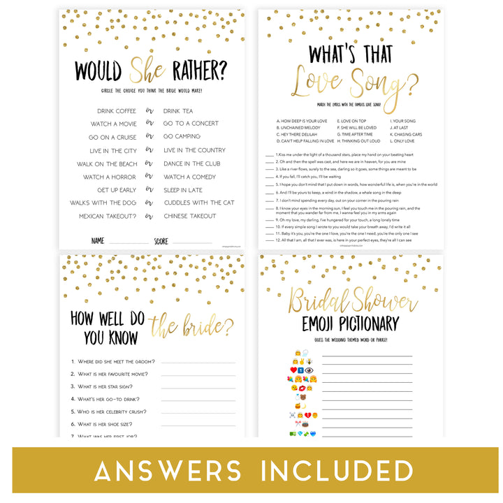 gold bridal shower games bundle, bridal games pack, printable bridal shower games, bridal shower ideas, bridal games, gold bridal shower