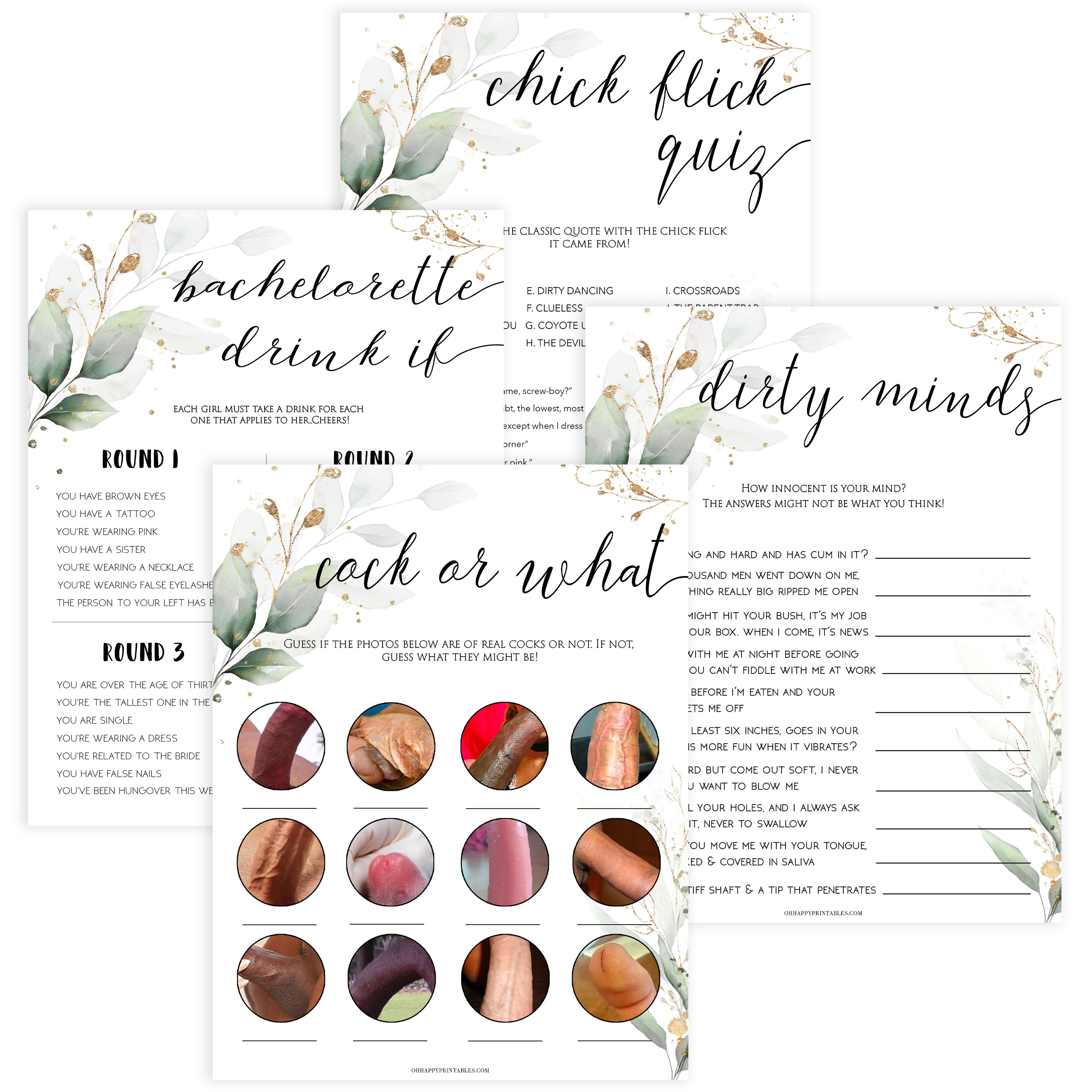 4 bachelorette games, naught bachelorette games, cock or what, drink if, dirty minds game, bachelorette games, gold leaf bridal shower games