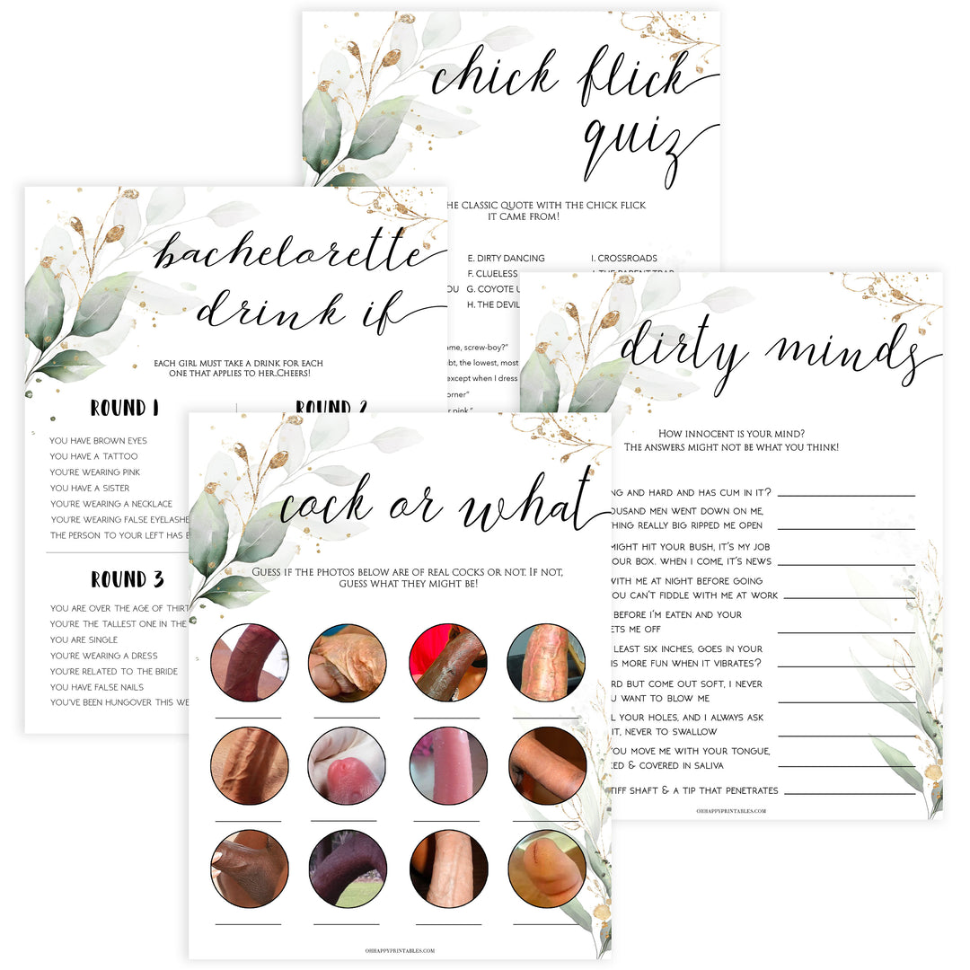 4 bachelorette games, naught bachelorette games, cock or what, drink if, dirty minds game, bachelorette games, gold leaf bridal shower games