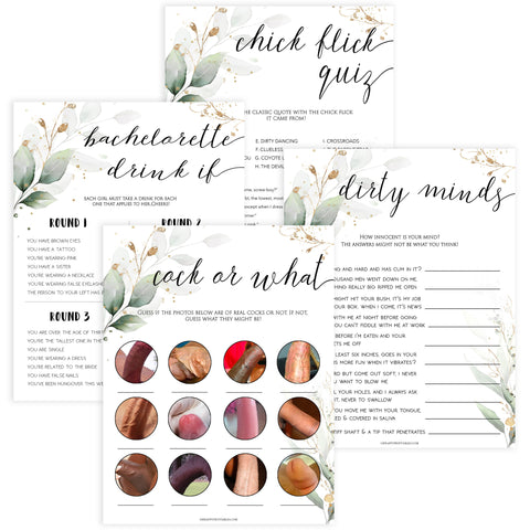 4 bachelorette games, naught bachelorette games, cock or what, drink if, dirty minds game, bachelorette games, gold leaf bridal shower games