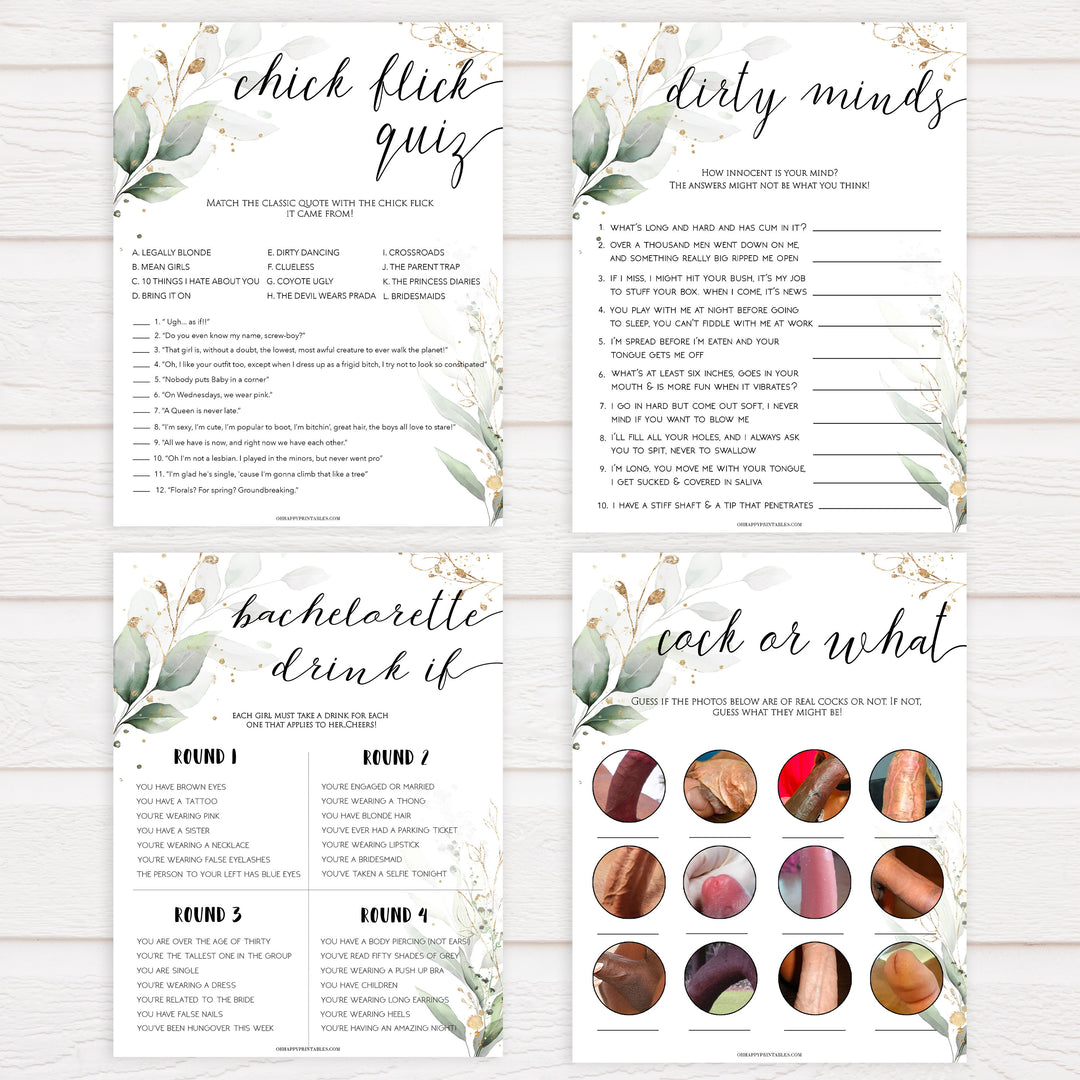 4 bachelorette games, naught bachelorette games, cock or what, drink if, dirty minds game, bachelorette games, gold leaf bridal shower games
