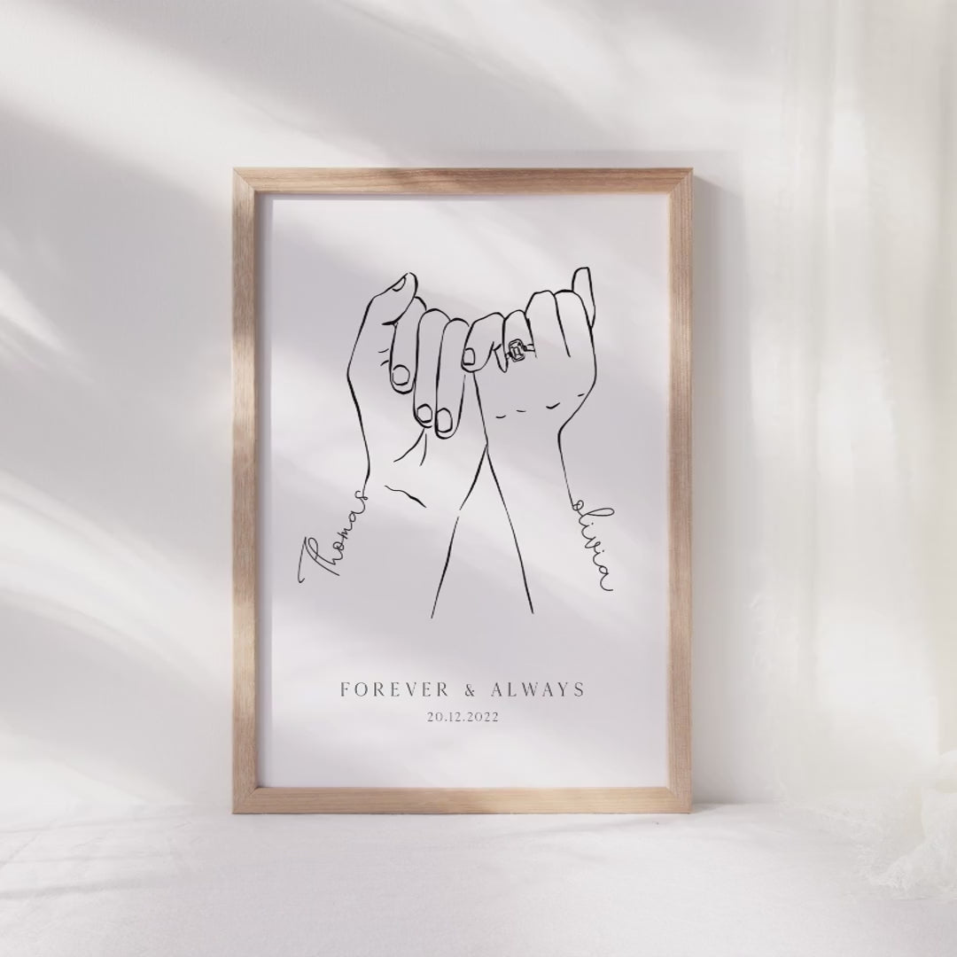 couples engagement hands, engagement gifts, couple holding hands in line art style, personalised engagement gifts