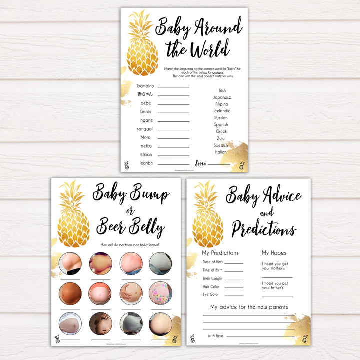 pineapple baby shower games, tropical baby shower games bundle, luau baby shower theme, baby shower games bundle