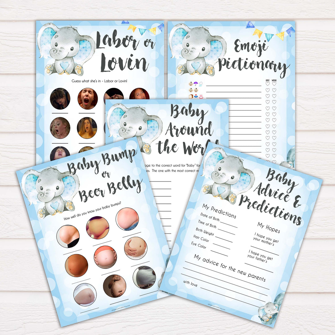 blue elephant baby shower games, baby shower games, baby games, baby shower ideas, its a boy baby games