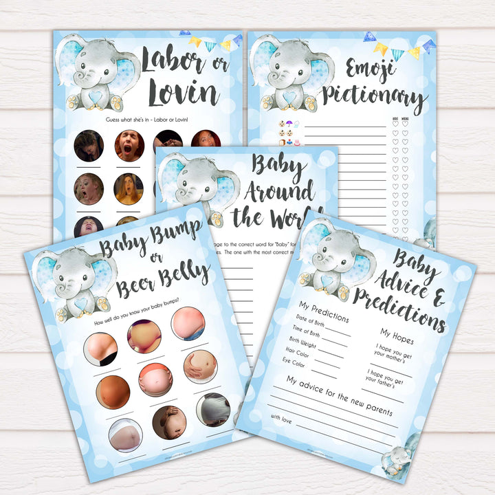 blue elephant baby shower games, baby shower games, baby games, baby shower ideas, its a boy baby games