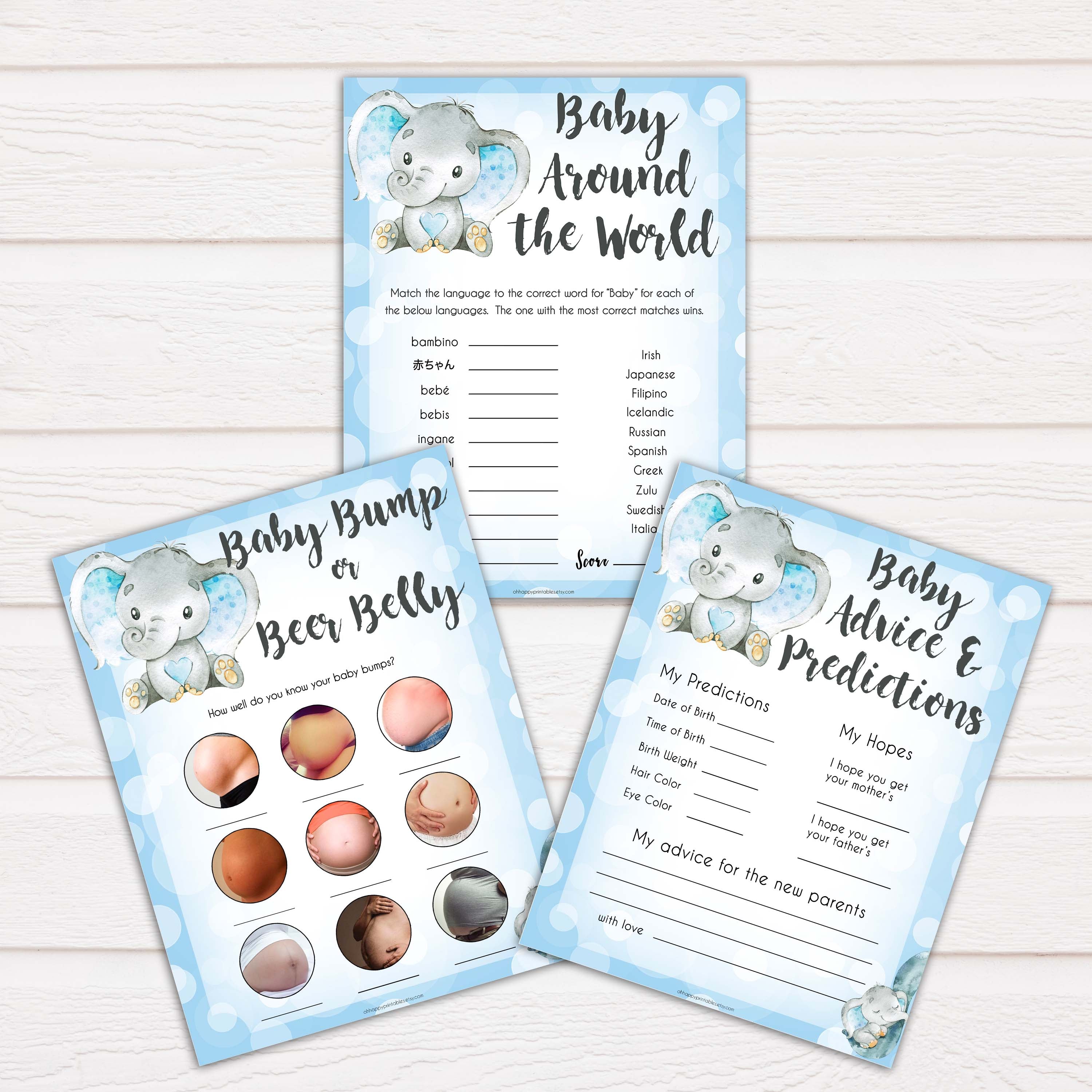 blue elephant baby shower games, baby shower games, baby games, baby shower ideas, its a boy baby games