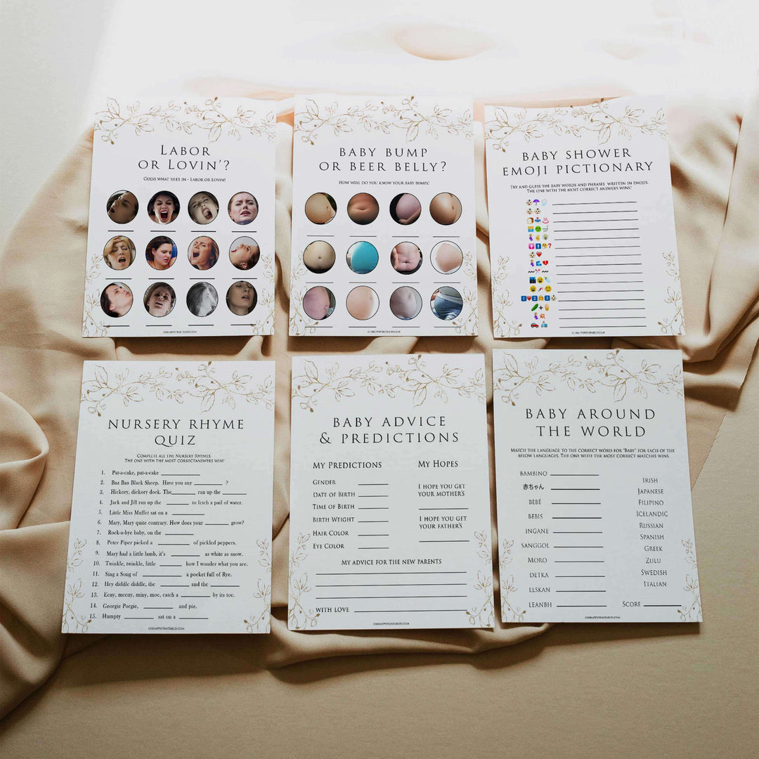 pack of baby games, baby games bundle, Printable baby shower games, gold leaf baby games, baby shower games, fun baby shower ideas, top baby shower ideas, gold leaf baby shower, baby shower games, fun gold leaf baby shower ideas