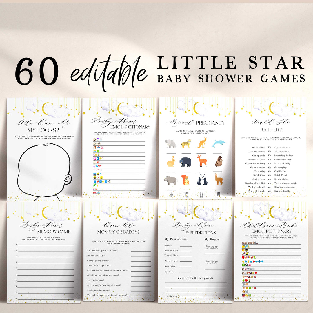 Fully editable and printable 60 baby shower game with a little star design. Perfect for a Twinkle Little Star baby shower themed party