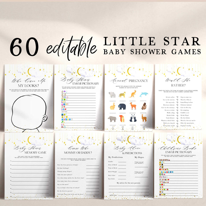 Fully editable and printable 60 baby shower game with a little star design. Perfect for a Twinkle Little Star baby shower themed party