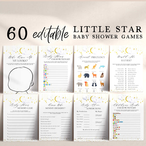 Fully editable and printable 60 baby shower game with a little star design. Perfect for a Twinkle Little Star baby shower themed party