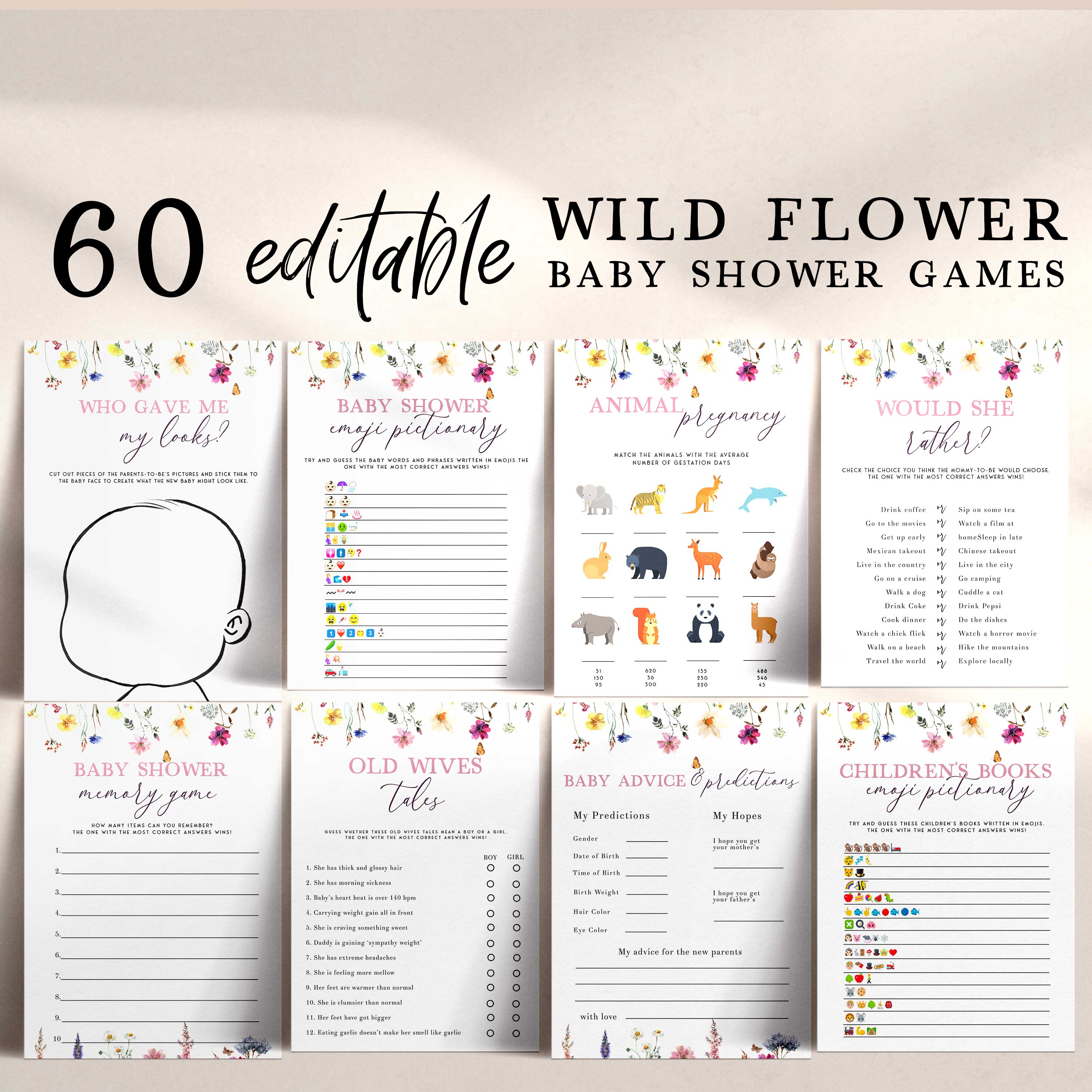 60 editable baby shower games, printable baby shower games, floral baby shower games, wild flowers baby shower games
