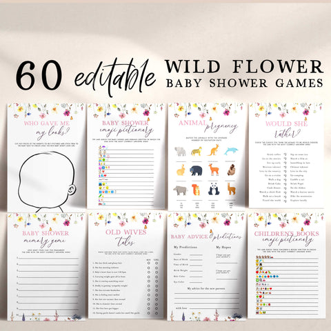 60 editable baby shower games, printable baby shower games, floral baby shower games, wild flowers baby shower games