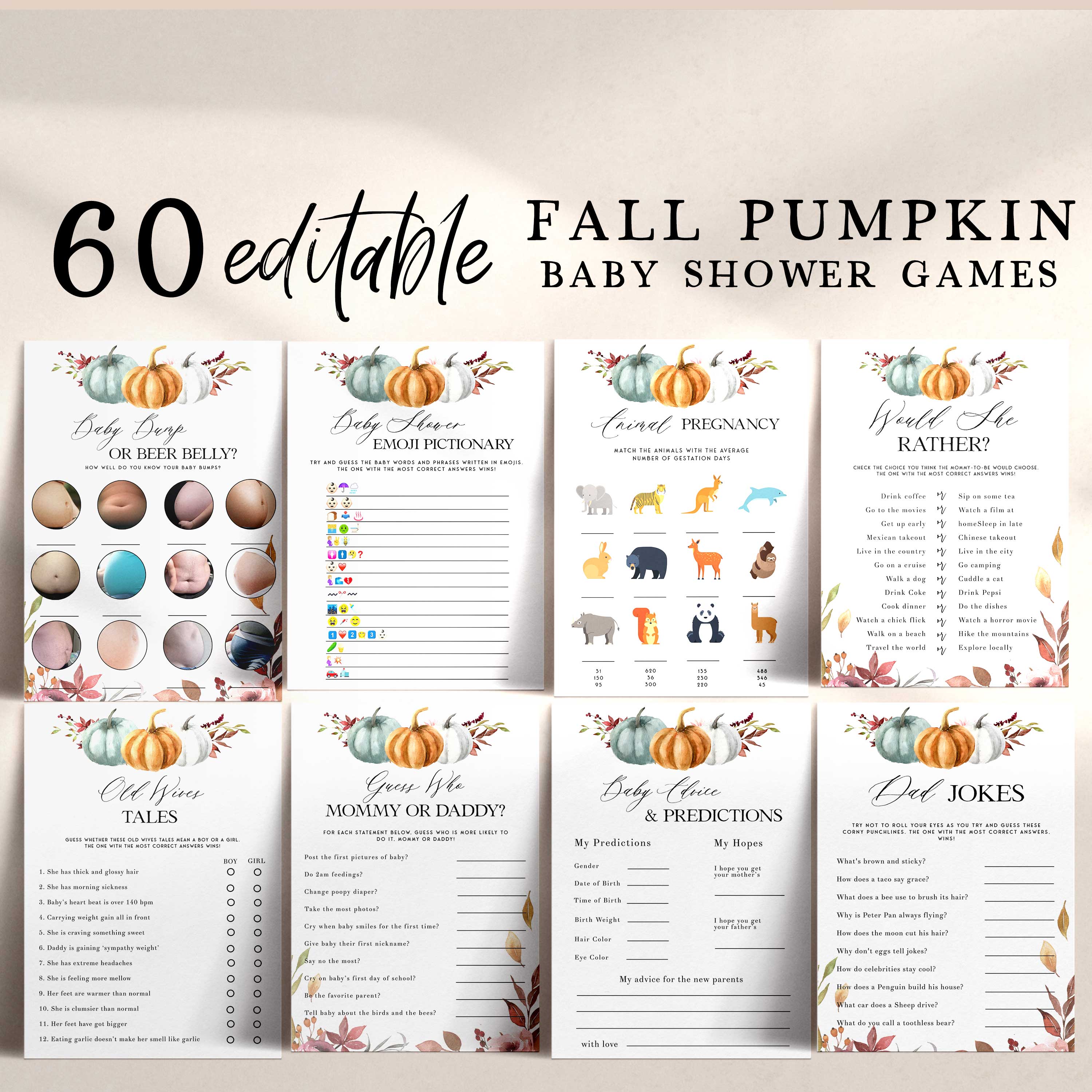 Fully editable and printable 60 baby shower games with a fall pumpkin design. Perfect for a Fall Pumpkin baby shower themed party