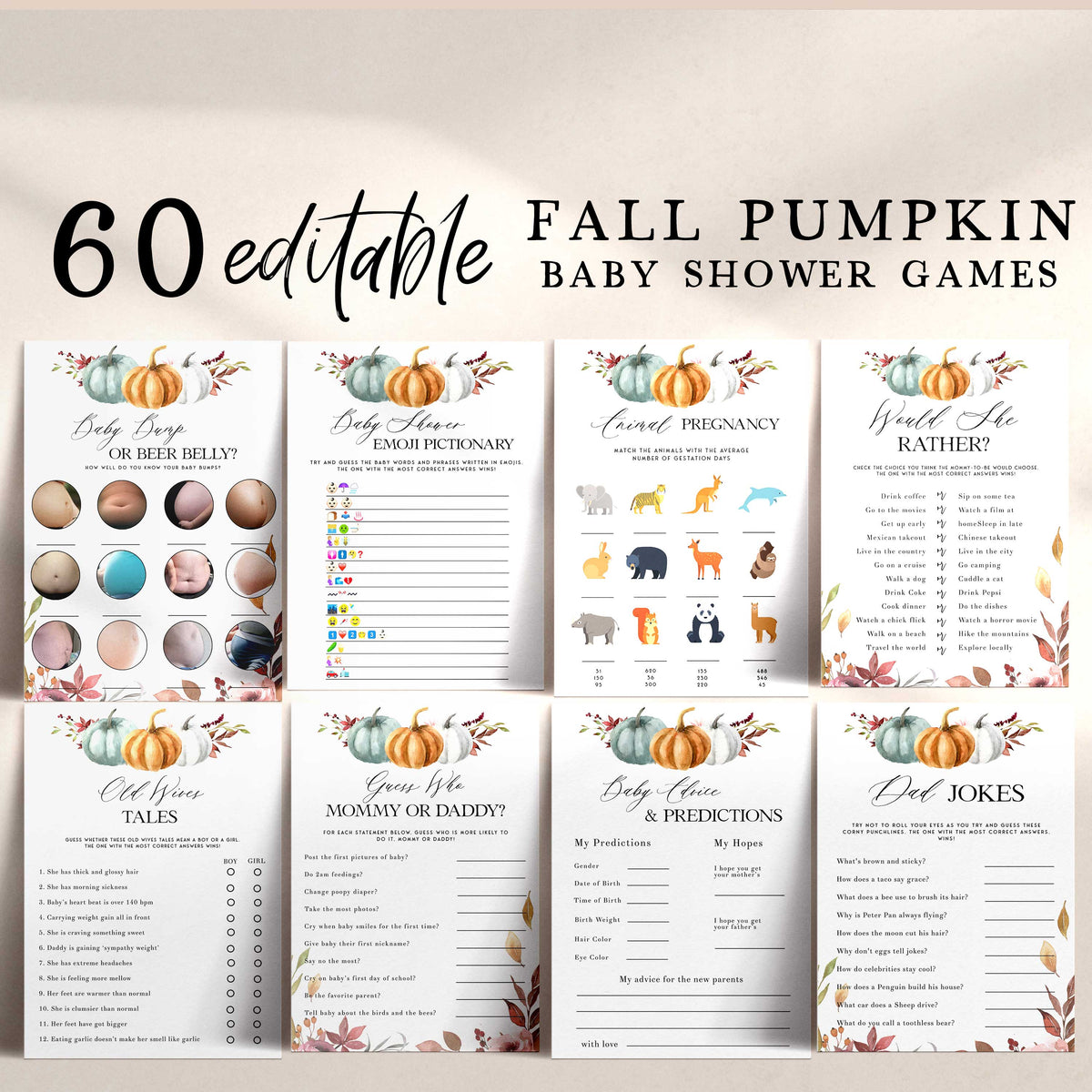 Fully editable and printable 60 baby shower games with a fall pumpkin design. Perfect for a Fall Pumpkin baby shower themed party