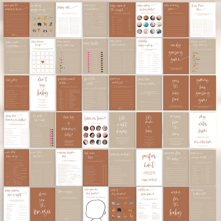 60 editable baby shower games, printable baby shower games, terracotta baby shower games, fully editable baby shower games