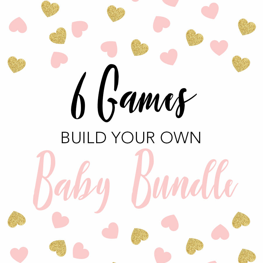 6 build your own baby shower games, baby shower game bundle, printable baby shower games, fun baby shower games, popular baby shower games