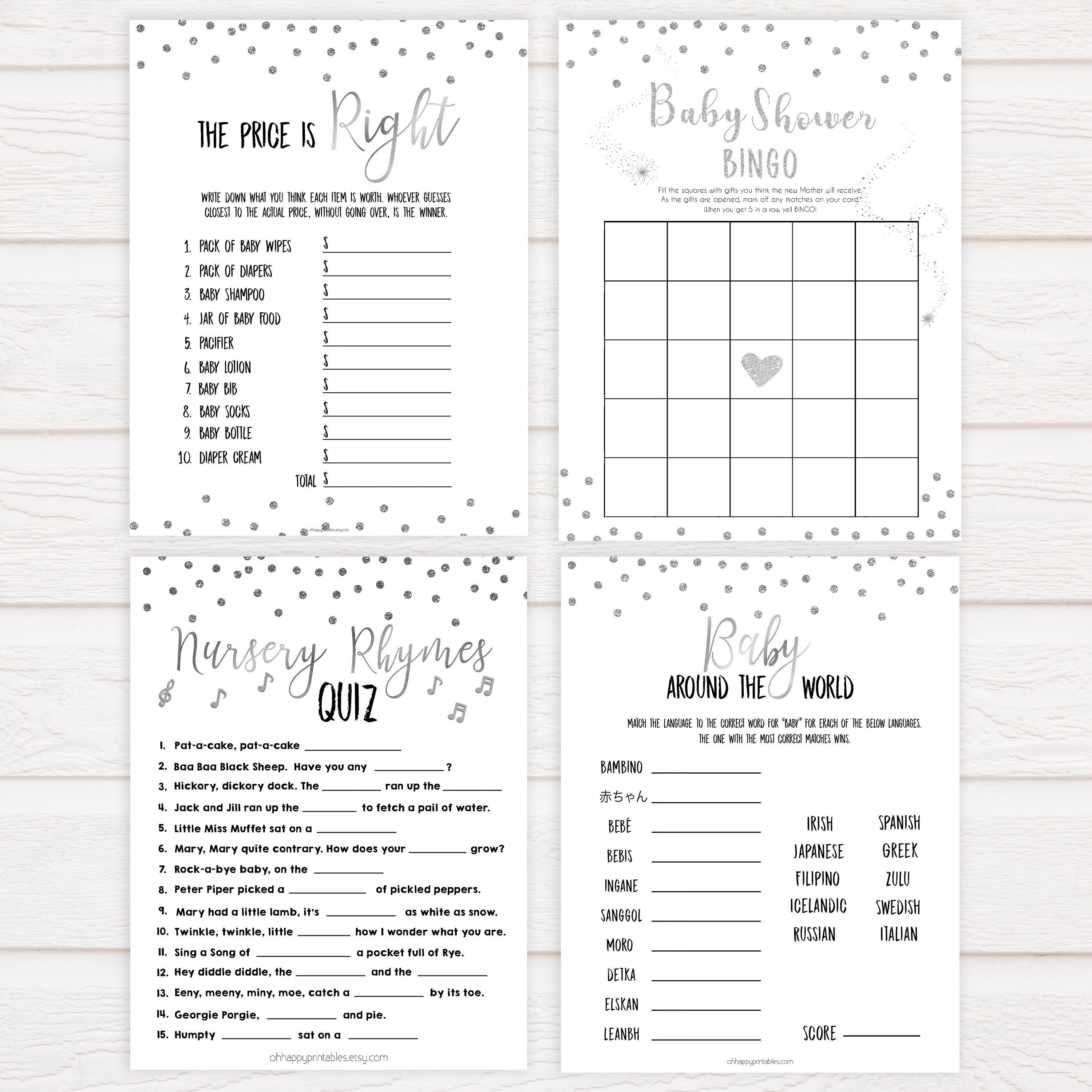7 baby shower games, baby games bundle, Printable baby shower games, baby silver glitter fun baby games, baby shower games, fun baby shower ideas, top baby shower ideas, silver glitter shower baby shower, friends baby shower ideas