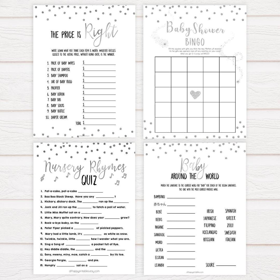 7 baby shower games, baby games bundle, Printable baby shower games, baby silver glitter fun baby games, baby shower games, fun baby shower ideas, top baby shower ideas, silver glitter shower baby shower, friends baby shower ideas
