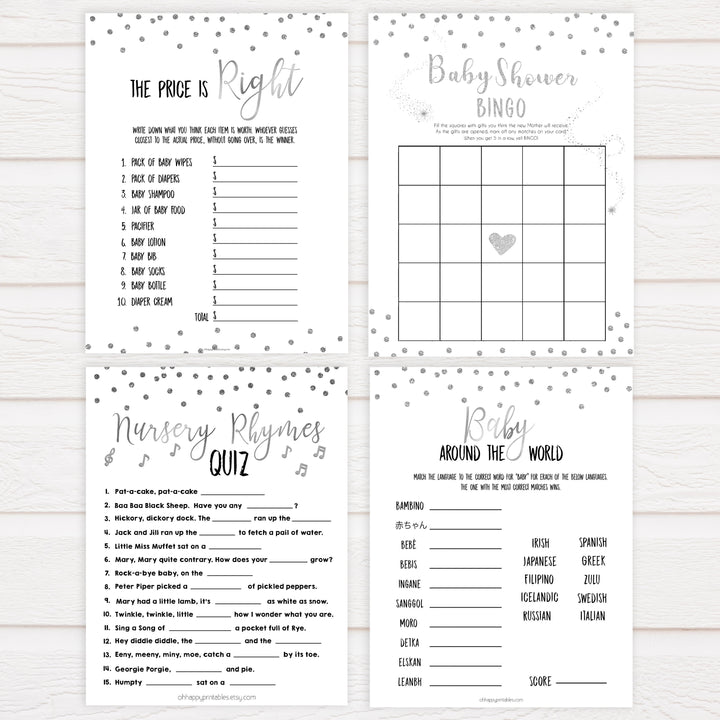 7 baby shower games, baby games bundle, Printable baby shower games, baby silver glitter fun baby games, baby shower games, fun baby shower ideas, top baby shower ideas, silver glitter shower baby shower, friends baby shower ideas