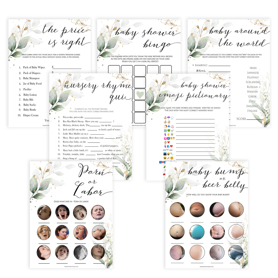 Gold green leaf baby games, 7 baby games bundle, labor or porn, animal pregnancy, printable baby games, fun baby games, top baby games to play, gold leaf baby shower, greenery baby shower ideas