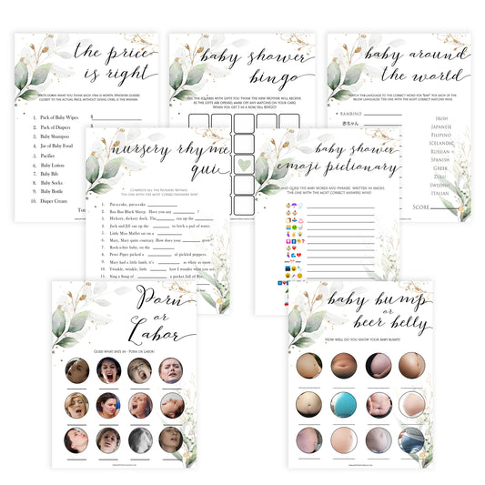 Gold green leaf baby games, 7 baby games bundle, labor or porn, animal pregnancy, printable baby games, fun baby games, top baby games to play, gold leaf baby shower, greenery baby shower ideas