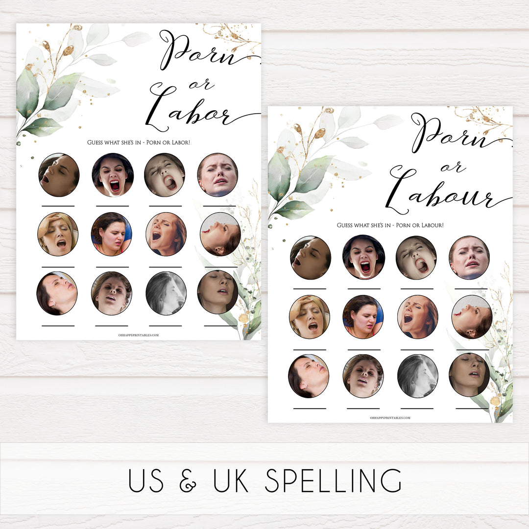 Gold green leaf baby games, 7 baby games bundle, labor or porn, animal pregnancy, printable baby games, fun baby games, top baby games to play, gold leaf baby shower, greenery baby shower ideas