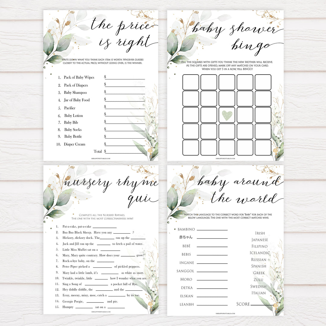 Gold green leaf baby games, 7 baby games bundle, labor or porn, animal pregnancy, printable baby games, fun baby games, top baby games to play, gold leaf baby shower, greenery baby shower ideas