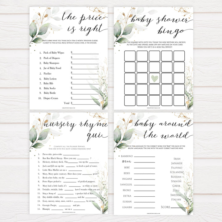 Gold green leaf baby games, 7 baby games bundle, labor or porn, animal pregnancy, printable baby games, fun baby games, top baby games to play, gold leaf baby shower, greenery baby shower ideas
