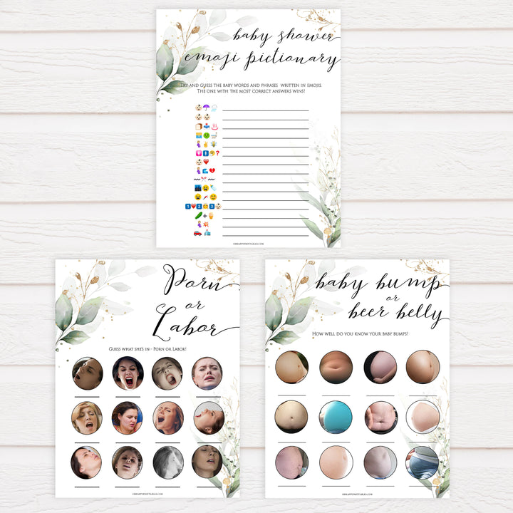 Gold green leaf baby games, 7 baby games bundle, labor or porn, animal pregnancy, printable baby games, fun baby games, top baby games to play, gold leaf baby shower, greenery baby shower ideas