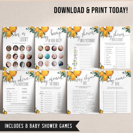 8 baby shower games bundle, Printable baby shower games, little cutie baby games, baby shower games, fun baby shower ideas, top baby shower ideas, little cutie baby shower, baby shower games, fun little cutie baby shower ideas, citrus baby shower games, citrus baby shower, orange baby shower