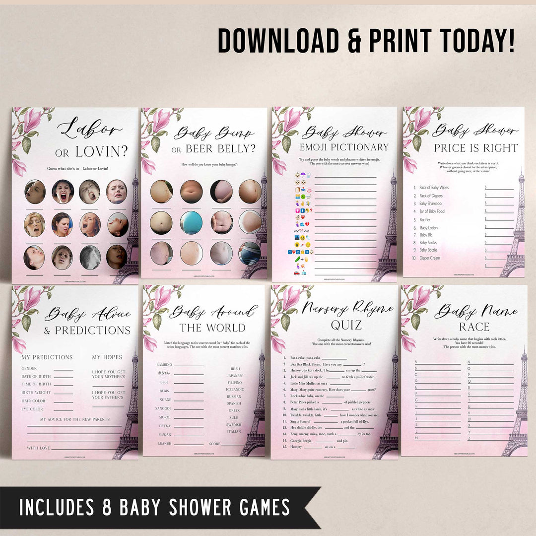 Parisian baby shower games, printable baby shower games, Paris baby shower games, fun baby shower games