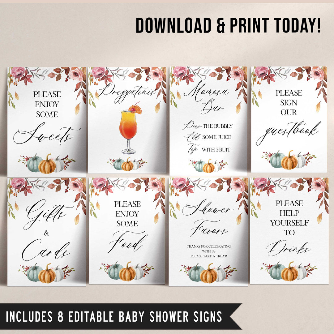 Fully editable and printable baby shower 8 table signs with a fall pumpkin design. Perfect for a Fall Pumpkin baby shower themed party