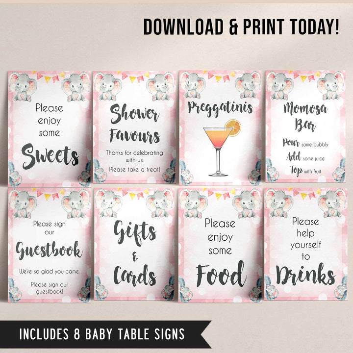 8 baby table sings, baby table signs pack, Pink elephant baby decor, printable baby table signs, printable baby decor, pink table signs, fun baby signs, fun baby table signs