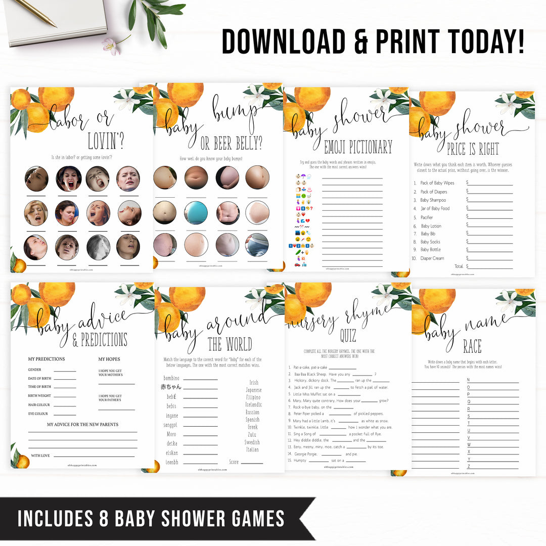 8 baby shower games bundle, Printable baby shower games, little cutie baby games, baby shower games, fun baby shower ideas, top baby shower ideas, little cutie baby shower, baby shower games, fun little cutie baby shower ideas, citrus baby shower games, citrus baby shower, orange baby shower