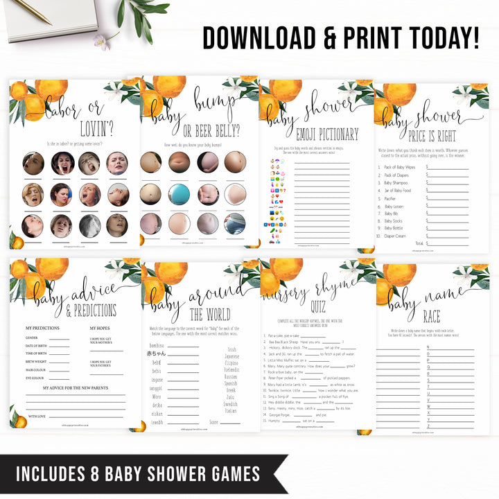 8 baby shower games bundle, Printable baby shower games, little cutie baby games, baby shower games, fun baby shower ideas, top baby shower ideas, little cutie baby shower, baby shower games, fun little cutie baby shower ideas, citrus baby shower games, citrus baby shower, orange baby shower