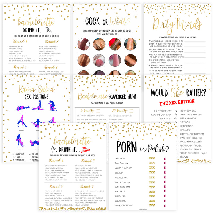 8 bachelorette party games, naught bridal shower games, adult bridal games, cock or what game, hen party games, fun bridal shower games